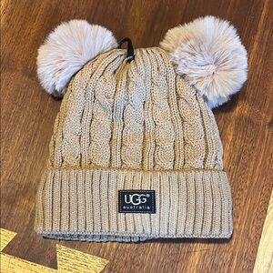 UGG Beige Cable Knit Hat with Pom-Poms